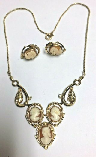 Vintage Gold Filled Multiple Cameo Necklace & Screw On Earrings Signed Cm