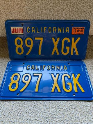 Vintage Blue And Yellow California License Plate Pair 1980 Sticker Envelope