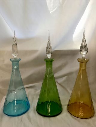 3 Vintage Glass Decanter/genie Bottles.  Crystal Stoppers.  Green/blue/amber
