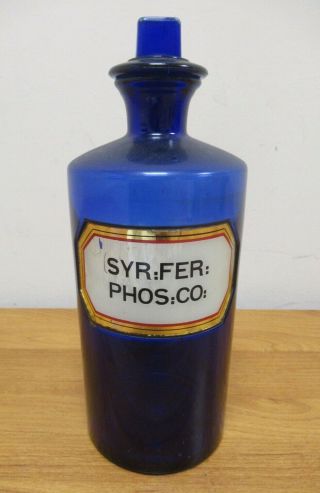 Vintage Bristol Blue Glass Apothecary Chemist Bottle With Label Syr Fre Phos Co