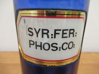 Vintage Bristol Blue Glass Apothecary Chemist Bottle with Label SYR FRE PHOS CO 2
