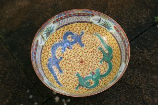 20th C.  Antique Chinese Porcelain Hand Painted Dragons Yellow Large Bowl - Marks