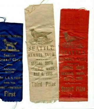 3 Seattle Kennel Club Ribbons 1908 & 1910 Dog Pointer Retriever Lab Vintage Wa