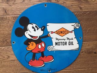 Vintage Sunoco Motor Oil Mickey Mouse Gas & Oil Heavy Porcelain Sign 12”