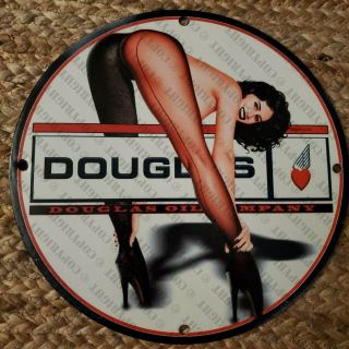 Vintage Porcelain Douglas Oil Company Gasoline Pump Sexy Man Cave Garage Sign