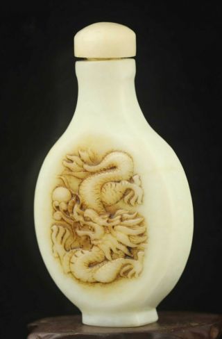 Chinese Old Natural Hetian Jade Hand - Carved Statue Dragon Snuff Bottle 3.  3 Inch