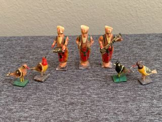 Antique Indian Wooden Musical Band And Bird Set