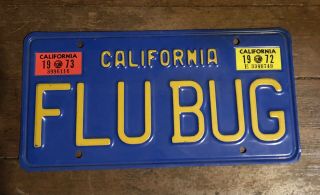 Vintage 1972 California Vanity License Plate For Volkswagen " Flu Bug ".  Vw.