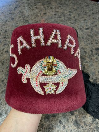 Vintage Sahara Jeweled Shriners Fez With Tassel,  Name badge And Black Case 7 1/4 2