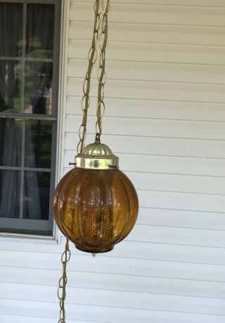 Vintage Amber Glass Hanging Swag Lamp Mid Century,  Retro Ceiling Fixture Chain