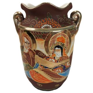 Vintage Japanese Satsuma Vase,  Hand Painted Moriage Vase W/ Handles 7 - 3/4