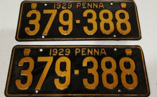 1929 Penna Pa Yellow & Black Steel Embossed Automobile License Plate Tag Pair