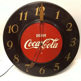 Vintage C.  1950 Coca Cola Soda Pop Fountain Gas Oil 17” Metal Clock Sign
