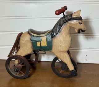 Vintage Wood Rustic Horse On Wheels Metal & Wood Trike Tricycle Country Décor