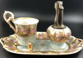 Vtg Royal Vienna Blue & Gold Footed Cup,  Lighter And Saucer Love Story Beehive