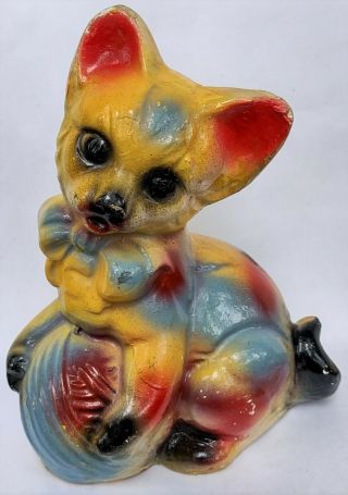 Vintage Colorful Cat With Ball Of Yarn 7 " Chalkware Carnival Prize Figure Statue