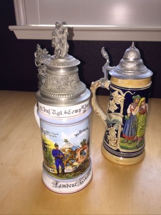 2 Vintage German Beer Steins Mugs Lidded Pewter