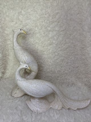 Pair Vintage Peacocks Statue Mid - Century White Textured Ceramic 11 Inches