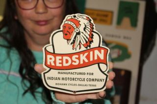 Redskin Indian Motorcycle Company Dallas Texas Gas Oil Porcelain Metal Sign