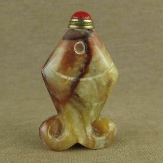 With Red Coral Top Lid Chinese With Carved Fish Shape Jade Snuff Bottle
