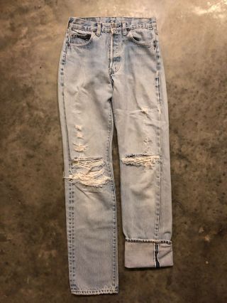 Vtg 70s 80s Levis 501 Selvedge Jeans Light Wash Distressed 27x32.  5
