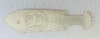 Antique Chinese Mother Of Pearl Fish Gaming Counter Hand Engraved With Doves