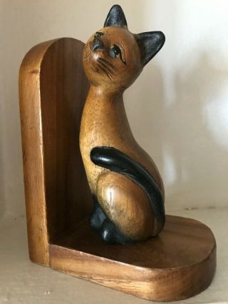 Vintage Carved Wood Siamese Cat Bookend Mid Century Modern Figurine Thailand