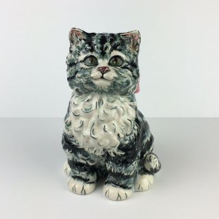 Handmade Kitten Sculpture Figurine Silver Tabby Cat Ceramic Ooak Hand - Painted