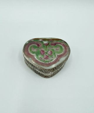 Antique Chinese Porcelain And Metal Snuff Box Heart Shape 2.  5 " Floral Pattern