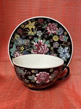 Vintage Chinese Famille Rose Medallion Canton Tea Cup And Saucer Black
