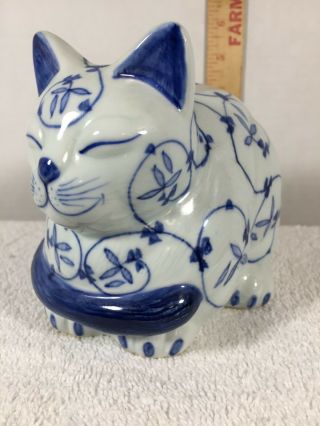 Vintage Chinese Ceramic Hand Painted Sleeping Cat Blue & White