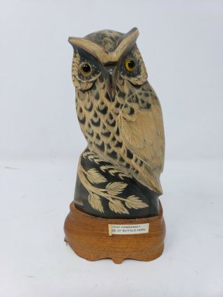 Vintage Hand Carved Buffalo Horn " Owl " Made In Thailand 6.  5 " H X 3 "
