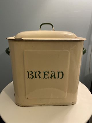 Vintage Enamelware Cream & Green Bread Box W/lid — Piece Of Enamel