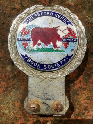Vintage Car Badge Mascot Chrome Brass & Enamel Hereford Herd Book Society