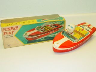 Vintage Yonezawa Japan Tin Litho Runner Boat,  Box,  Friction Toy Vehicle,