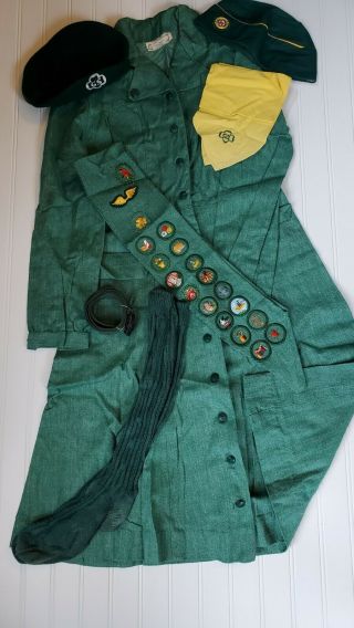 Vintage 1940s Girl Scout Uniform W/ Belt,  Sash,  Badges,  Hats & Socks