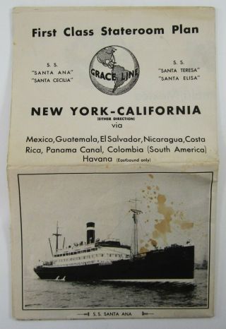 Vintage Grace Line Deck Plan Panama Mail Route Ss Santa Ana 1st Class 1930s