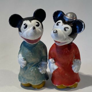 Set Of 2 Vintage 1930s Minnie & Mickey Mouse Figurines 3.  5 " - Blue & Red - Japan