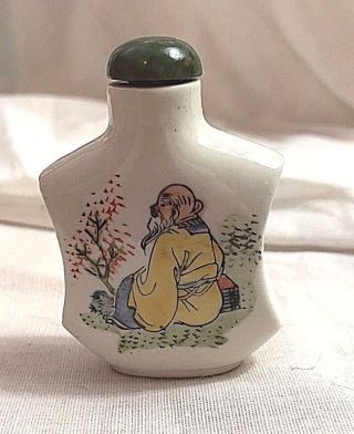 Antique Chinese Porcelain Snuff Bottle Green Jade Top Hand Decorated