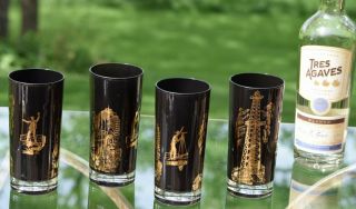 4 Vintage Culver Highball Cocktail Glasses,  Oil Fields By Moss Worth