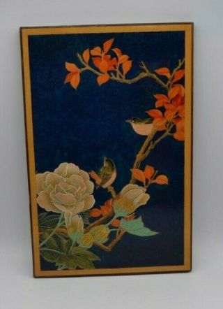 Vintage Chinese Painting On Bamboo? Wood Birds Cherry Blossom Blue 11x7