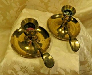 Pair Vintage Solid Brass Candle Stick Holder W/ Finger Loop & Drip Tray W Stamp