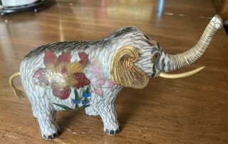 Gorgeous Vtg Cloisonne Elephant Figurine White Brass Red Green Pink Blue Floral 3