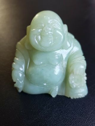 Vintage Chinese Hand Carved Light Green Jade Laughing Buddha Statue