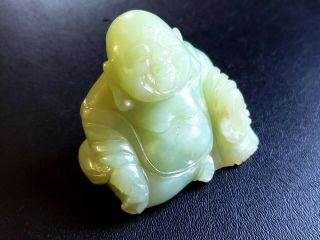 Vintage Chinese Hand Carved Light Green Jade Laughing Buddha Statue 2