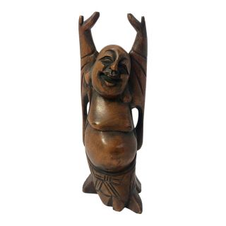 Vintage Happy Buddha Wood Carved Statue 9 " Tall Laughing Hands Up Wooden Smiling