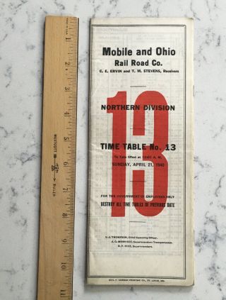 Vintage Railroad Employee Timetable Tt Mobile & Ohio Rr 4/21 1940 Ww2 Era 13