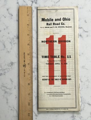 Vintage Railroad Employee Timetable Tt Mobile & Ohio Rr 4/11 1939 Northern 11