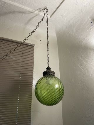 Vintage 60s Mid Century Modern Avocado Green Glass Ufo Swag Hanging Lamp Light