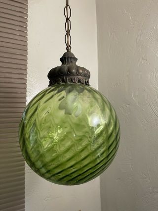 Vintage 60s Mid Century Modern Avocado Green Glass UFO Swag Hanging Lamp Light 2